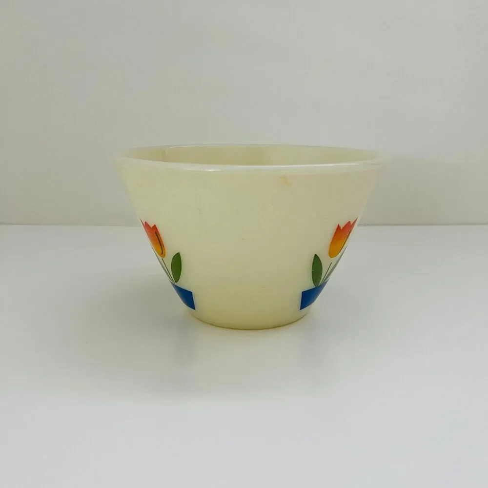 FIRE KING Milk Glass Ovenware Red, Orange, Yellow Tulips Small Mixing Bowl 1 Qt